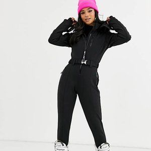 ASOS 4505 Petite ski fitted belted ski suit with faux fur hood